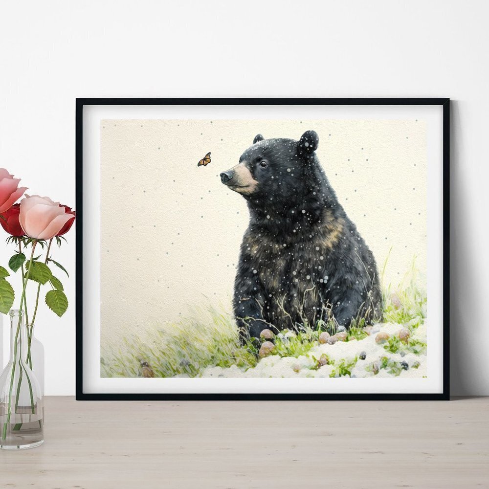 Black Bear with Butterfly Watercolor Oil‎ Painting Print
